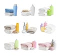 Set of folded soft terry towels and toiletries on background
