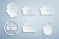 Set Folder, Delete folder, Refund money, Bomb ready to explode, upload and Head with low battery icon. Vector Royalty Free Stock Photo