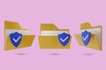 set of folder icons with protective shield and correct sign, virus protected folder concept. 3d rendering