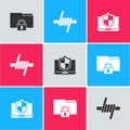 Set Folder and lock, Barbed wire and Laptop protected with shield icon. Vector Royalty Free Stock Photo