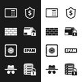 Set Folder and lock, Firewall, security wall, Safe, Shield with dollar, Spam, Server and Incognito mode icon. Vector