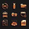 Set Folder upload, Methane emissions reduction, Share file, Financial calendar, and Car sharing icon. Vector Royalty Free Stock Photo