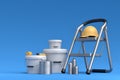 Set of folding ladder, bucket, helmet with paint rollers and brushes on blue. Royalty Free Stock Photo