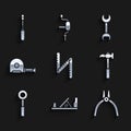 Set Folding ruler, Wood plane tool, Pliers, Claw hammer, Wrench spanner, Roulette construction, and Screwdriver icon Royalty Free Stock Photo