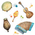 Set of folk masical instruments watercolor illustration