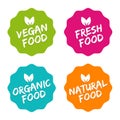 Set of Food Badges. Vegan, Organic, Natural and Fresh Food. Can be used for packaging Design Royalty Free Stock Photo