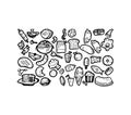 Set of food. Baking buns and meat dishes. Hand drawing outline. Isolated on white background. Monochrome drawing. Vector