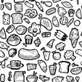 Set of food. Baking buns and meat dishes. Hand drawing outline. Isolated on white background. Monochrome drawing. Vector