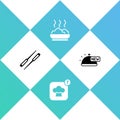 Set Food chopsticks, Chef hat, Bowl of hot soup and Covered with tray food icon. Vector Royalty Free Stock Photo