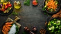 Set of food and dishes of vegetables, meat and fish on wooden background. Top view. Royalty Free Stock Photo