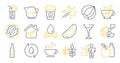 Set of Food and drink icons, such as Apple, Coffee cup, Tea cup symbols. Milk jug, Cocktail, Hazelnut signs. Vector Royalty Free Stock Photo