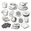 Set of food and drinks painted icons. Breakfast symbols for menu concept