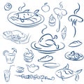 Set food and drinks sketch. Doodles collection mangal menu Royalty Free Stock Photo