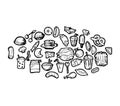 Set of food in form of ellipse. Baking buns and meat dishes. Hand drawing outline. Isolated on white background