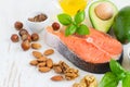 Set of food with high content of healthy fats and omega 3