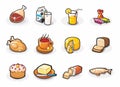 Set of food icons. Cartoon illustration.