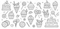 Set of food icons. Design for cafe, restaurant, confectionery. Desserts for Birthday, holiday, party. Illustrations for menu. Silh Royalty Free Stock Photo