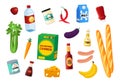 Set of Food Icons, Different Grocery Production Vegetables, Bread and Tin Cans with Packages, Sausages, Greenery or Milk