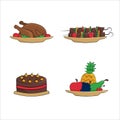 Set of food icons. Fruit, cake, shish kebab and grilled chicken