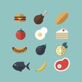 Set of food icons. Meat, vegetables, hot-dog, cake,bread, fish. Flat-style on blue background Royalty Free Stock Photo