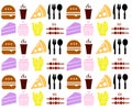 Set of colorful food items, cutlery icons, fast food pattern, graphic design illustration