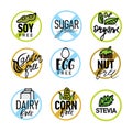 Set of food labels - allergens, GMO, sugar, gluten, nut,corn, stevia, free products