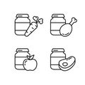 Set of food preservation. Glass jar with different types of baby food. Line art icon of fruit, vegetable and meat puree or mash.