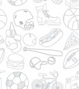 Set of food and sport items doodle icons