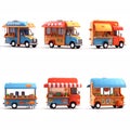 Set of Food truck eatery cafe on wheels, in colorful colors set. 3D rendering. Food truck mockup. Delivery car or mobile kitchen Royalty Free Stock Photo