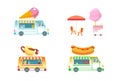 Set of food trucks vector isolated illustration. Hot dog, coffee cup, cotton candy, ice cream van. Holiday city park