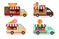 Set of food trucks on white background.