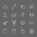 Set of Food Vector Line Icons. Includes seafood, chicken, meat, sausage and more. In gray background Royalty Free Stock Photo