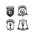 Set of football club logos, soccer ball. Soccer ball emblem, shield. Football school tournament, goal, competition, star, fire,