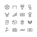 Set of football equipment line icon design, such as ball, goal post, medal, corner kick flag, cup, red card, jersey, field.
