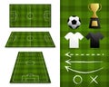 A set of football fields with different perspective views on a white background with football element for planning in the match, Royalty Free Stock Photo