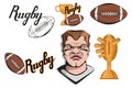 Set of Football player design elements. Hand drawn Rugby player. Cartoon soccer player. Set for football concept. Gold champions