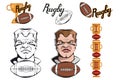 Set of Football player design elements. Hand drawn Rugby player. Cartoon soccer player. Set for football concept. Gold champions