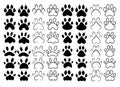 Set of footprints pets. Collection of paws of dogs and cats. Black and white vector illustration of animal sloths Royalty Free Stock Photo