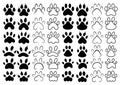 Set of footprints pets. Collection of paws of dogs and cats. Black and white vector illustration of animal sloths