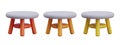 Set of footrests. Stools of different colors. Round backless chairs