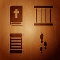 Set Footsteps, Holy bible book, Decree, paper, parchment, scroll and Prison window on wooden background. Vector.