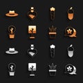 Set Forest, Acorn, Flower, Plant in pot, Carrot, Gardener worker hat and Bottle with love potion icon. Vector