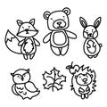 A set of forest animals is a monochrome collection in the style of a sketch. Animals bear, fox, hare, hedgehog, owl Royalty Free Stock Photo