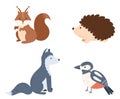 Set Of Forest Animals Squirrel, Hedgehog, Wolf And Bird Isolated On White Background. Kawaii Woodland Kids Personages Royalty Free Stock Photo