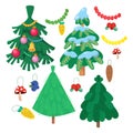 Set of forest Christmas trees with toys in cartoon style. Design elements for posters, games, books, puzzles. Vector Royalty Free Stock Photo