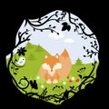 Set Forest Fox Bird Wild Cute Nature Woods Cartoon