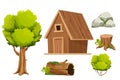 Set Forest hut, wooden house or cottage, tree, old log with moss, stone pile and bush in cartoon style isolated on white Royalty Free Stock Photo