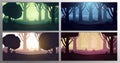 Set of Forest landscape Backgrounds at the different time. Day, Morning, Sunset and Night. Vector Illustration. Royalty Free Stock Photo