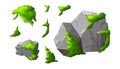 Set forest rock with moss. Gray stone brocken in cartoon. Isolated game elements . Mountain part of natural design shape