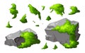 Set forest rock with moss. Gray stone brocken in cartoon. Mountain part of natural design shape. Vector illustration